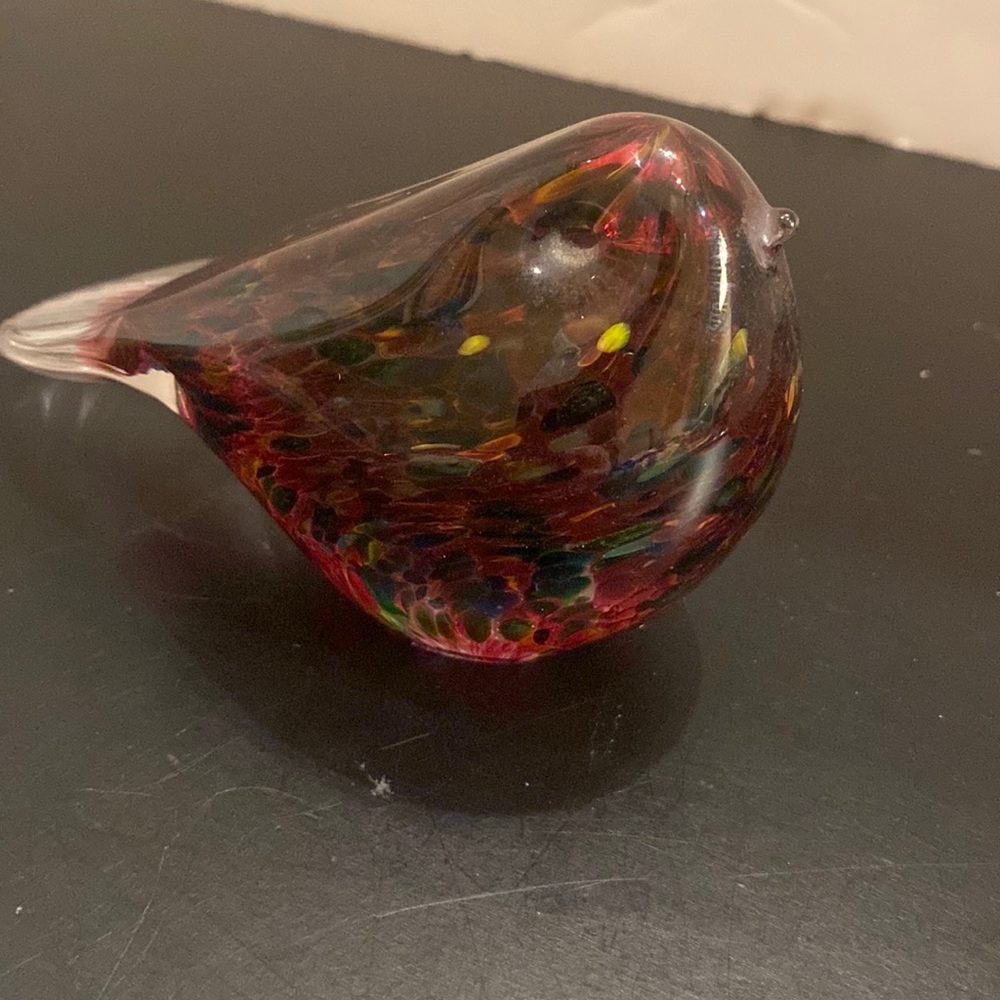 Vintage glass colorful speckled songbird paperweight art glass